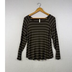 MTS Striped Long Sleeve Top Women Small Olive‎ Brown White Raglan Scoop Neck